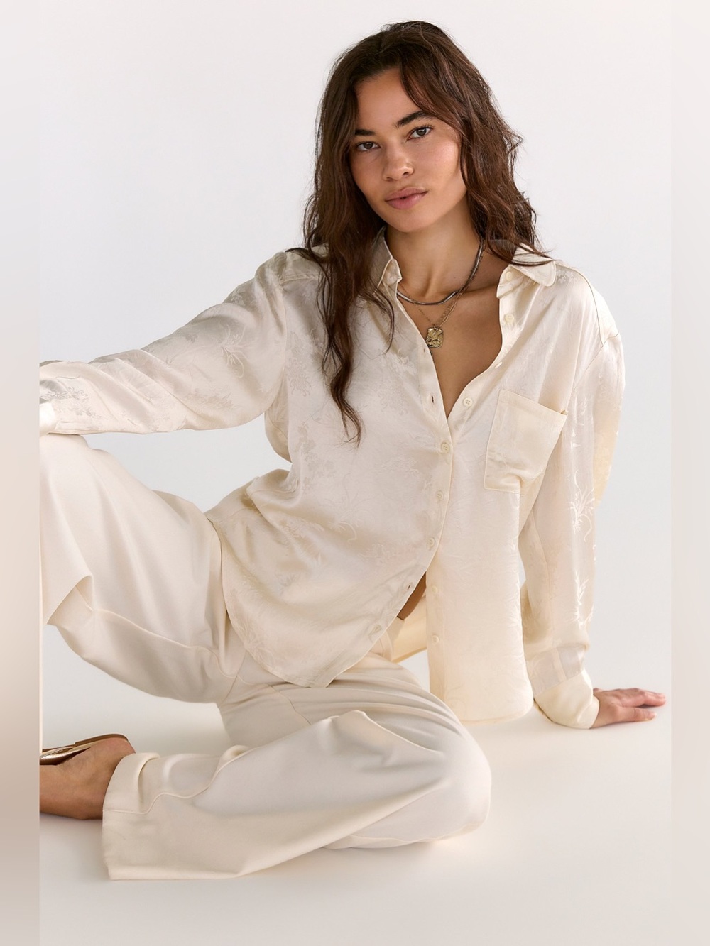 Free People Shooting For The Moon Blouse in Sand Elegant Satin